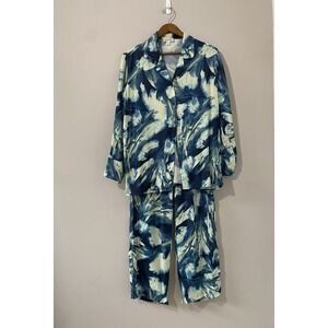 Open Edit Classic Cool Oversized Pajamas Womens SMALL Blue Abstract Floral Satin